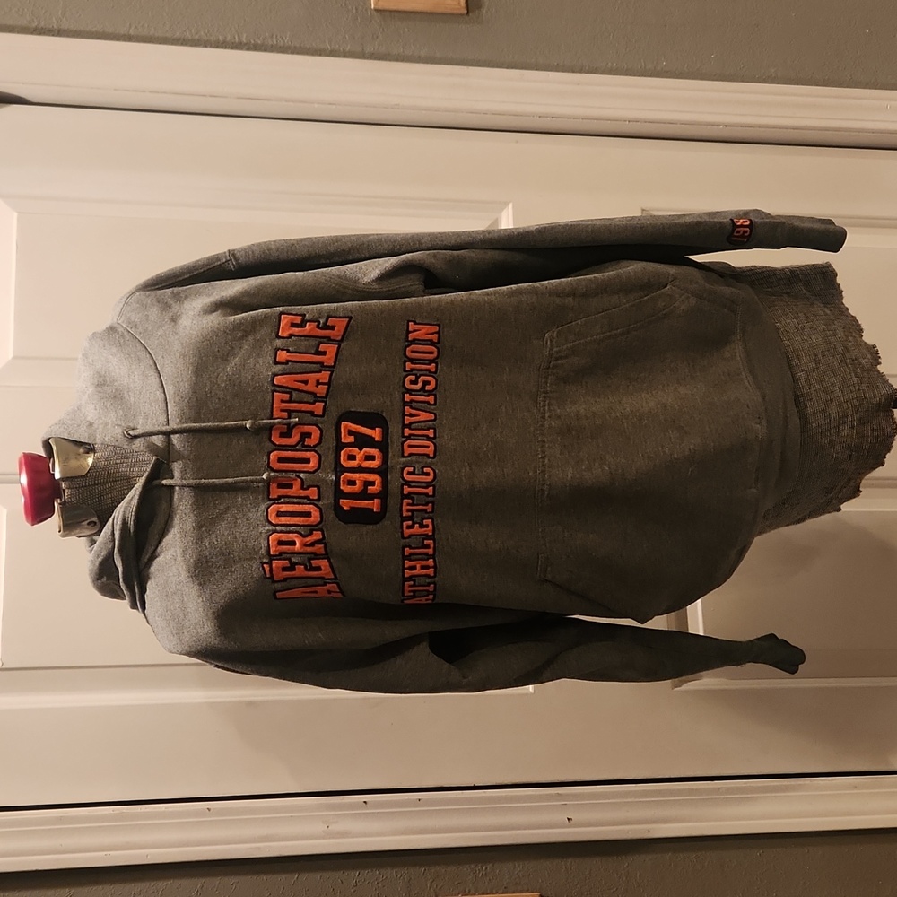 Aeropostale, pullover, hoodie, grey, large, L, embroidered, orange, pockets